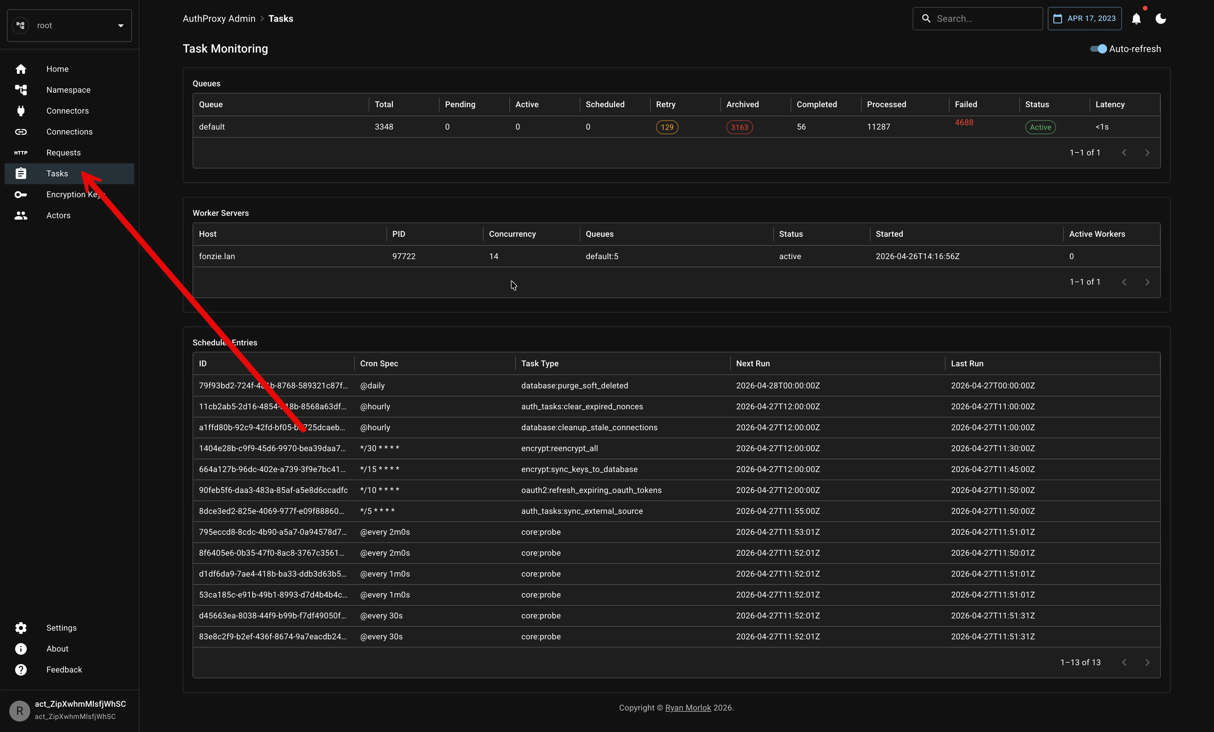 Screenshot of the AuthProxy Admin UI background tasks view.